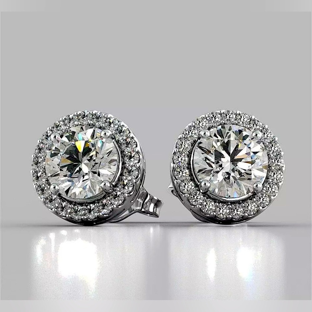 4.00 Ct Round Cut Lab Created Halo VVS1/D Stud Earrings 14K White Gold 8mm